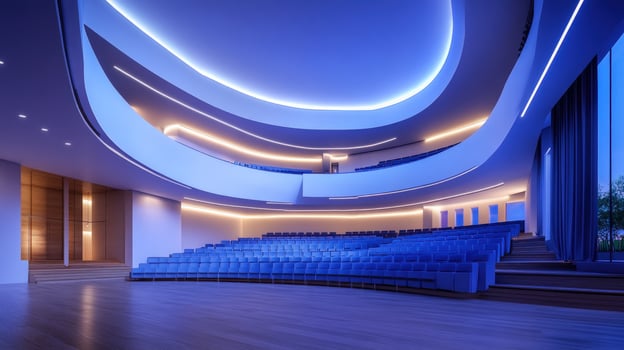 Modern auditorium with blue seats and a large window photo