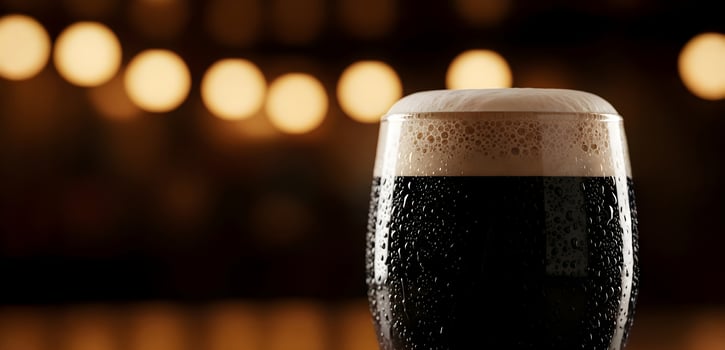 A close-up of a glass goblet brimming with dark beer Guinness or stout. A banner template for bar, pub, or beer brand advertising, featuring ample space for your text. photo