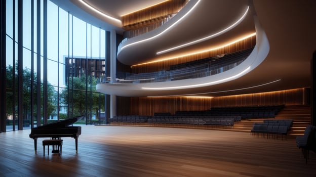 A large auditorium with a grand piano in the middle photo