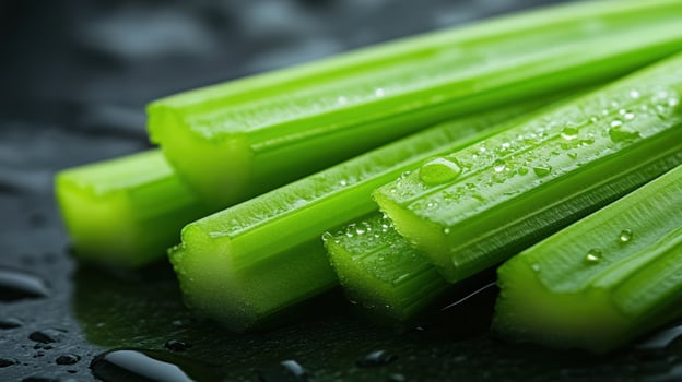 Close-up of Fresh Green Celery Stalks with Water Droplets photo