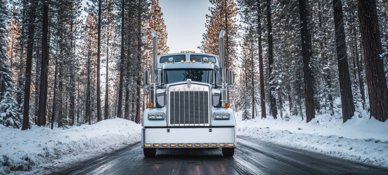 The majestic truck navigating through a serene winter forest road. photo