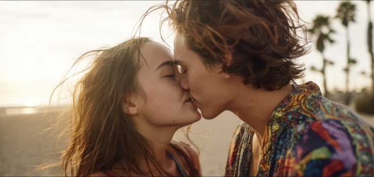 The couple sharing a tender kiss at the beach during sunset. photo