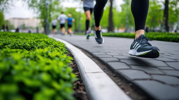 Runners on a park path, enjoying a sunny morning run. Green grass borders the path, showcasing nature's beauty alongside athletic activity. photo