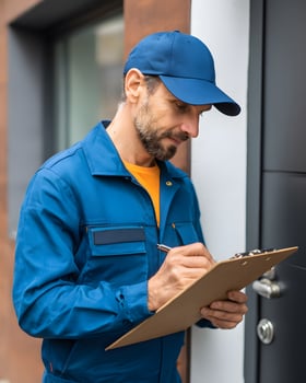 A parcel delivery man checking address on clipboard photo