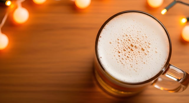 Mug with fresh beer and white foam. Banner flat lay template for advertising a bar, pub and menu with space for text and for logo and brand photo