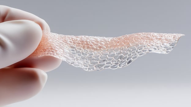 Medical researcher holds bioengineered artificial skin tissue sample in laboratory. Advanced biotechnology for human transplantation and regenerative medicine treatment. photo