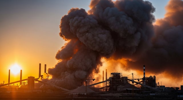Smoke billowing from a factory at sunset photo