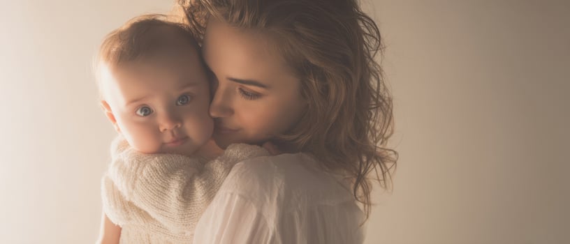 The tender moment between a mother and her baby in soft light. photo