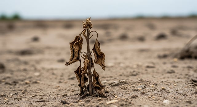 A dead plant in the middle of a dry field photo