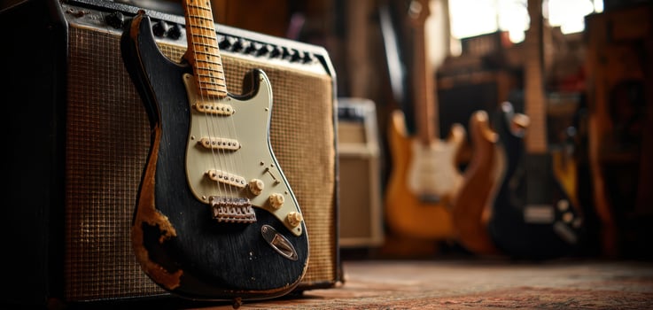 The vintage electric guitar resting against an amplifier in a cozy studio setting photo