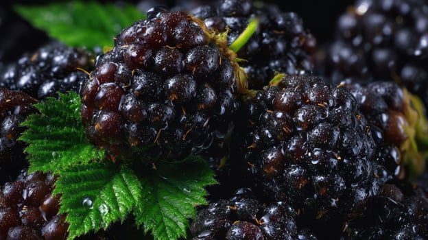 The luscious blackberries with dewdrops on a dark background photo