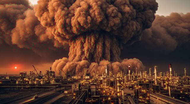 A large explosion is seen in the sky over an oil refinery photo
