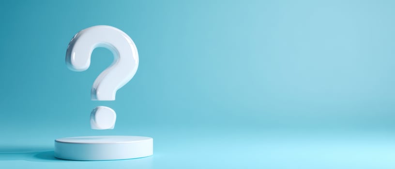 The Question Mark Floating Above a Minimalist Platform in Blue Background photo