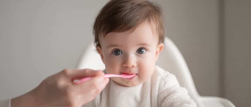 The baby enjoying a joyful feeding experience with a pink spoon. photo