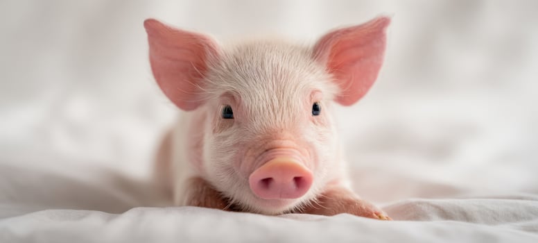 The adorable young pig resting on soft bedding with an endearing expression. photo