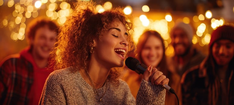 The joyful singer captivating friends with an enchanting outdoor performance at night. photo