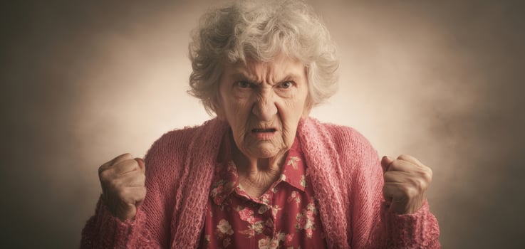 The elderly woman displaying intense anger and frustration in a dramatic portrait. photo