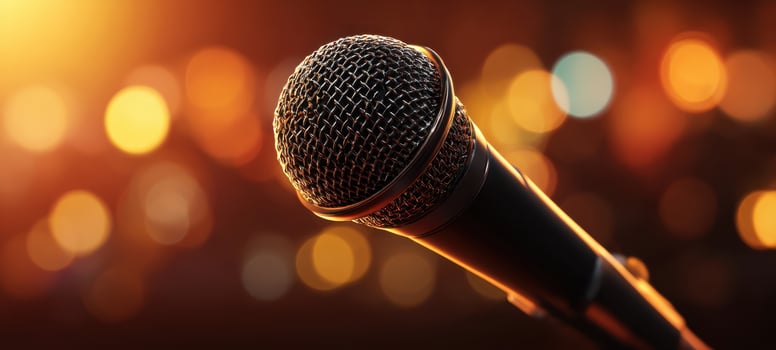 The microphone shining brightly among the vibrant bokeh lights in the background. photo