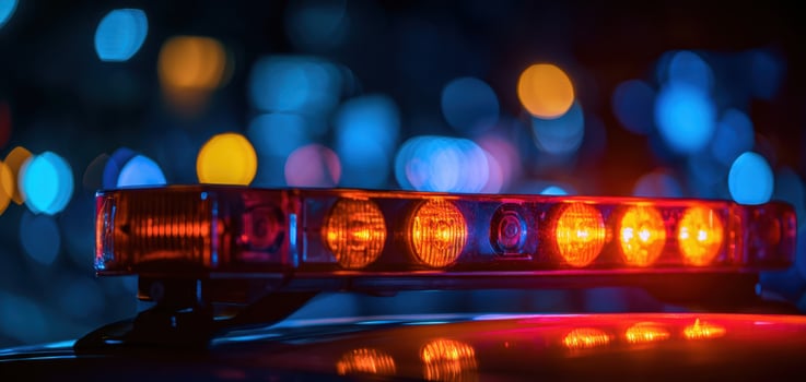 The vibrant police lights illuminating the night cityscape for emergency response. photo