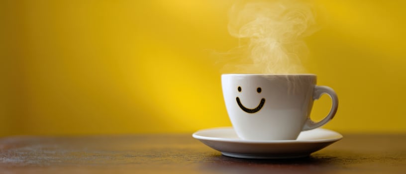 The cheerful coffee cup with steam and a smile against a vibrant yellow background. photo