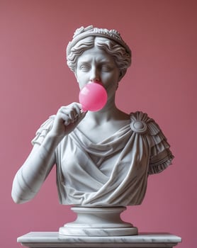 Marble Statue Bust Blowing a Pink Bubblegum Bubble on Rose Background photo