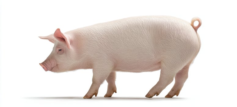 The adorable pink pig walking on a white background in a playful pose. photo
