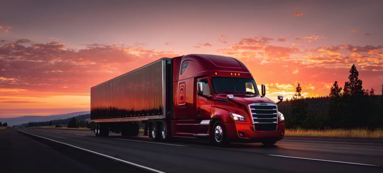 The powerful red truck driving on a highway at sunset. photo