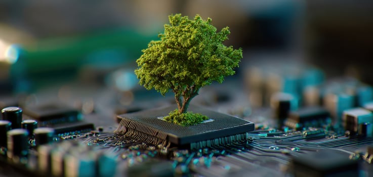 The Small Tree Thriving on a Microchip Symbolizing Nature and Technology Integration photo