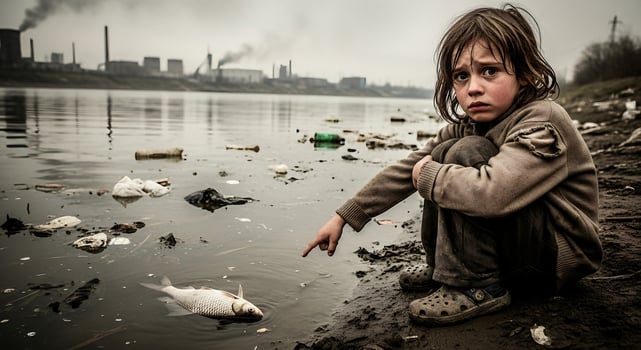 A young child sitting on the shore of a river with fish photo