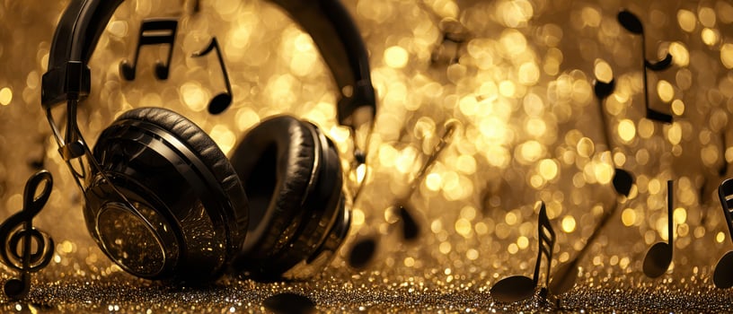 The captivating headphones surrounded by shimmering golden music notes and sparkle. photo
