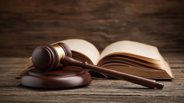 The gavel resting on an open law book symbolizes justice and authority. photo