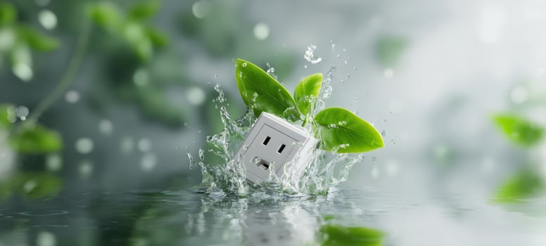 The Electric Plug Surrounded by Refreshing Green Leaves and Water Splash photo