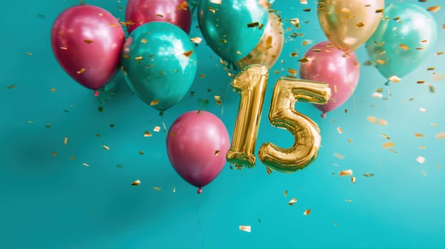 The vibrant balloons celebrate a joyful 15th birthday party with golden accents. photo