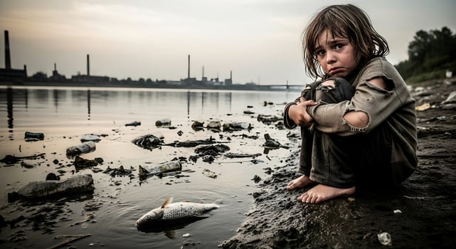 A young boy sits on the shore of a river photo