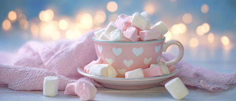 The charming pink cup overflowing with fluffy marshmallows against a dreamy background photo