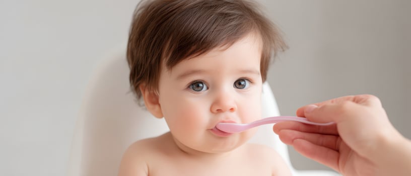 The baby being fed with a pink spoon in a modern kitchen setting. photo