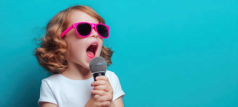 The energetic girl singing with a microphone and stylish sunglasses against a turquoise backdrop. photo