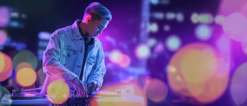 The DJ mixing vibrant beats in a lively urban nightlife scene. photo