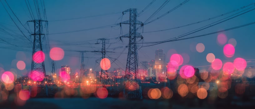 The electric towers against a vibrant city skyline with beautiful bokeh lights. photo