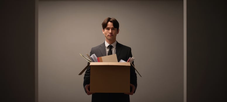 The man in a suit holding a box of belongings in a corporate setting. photo