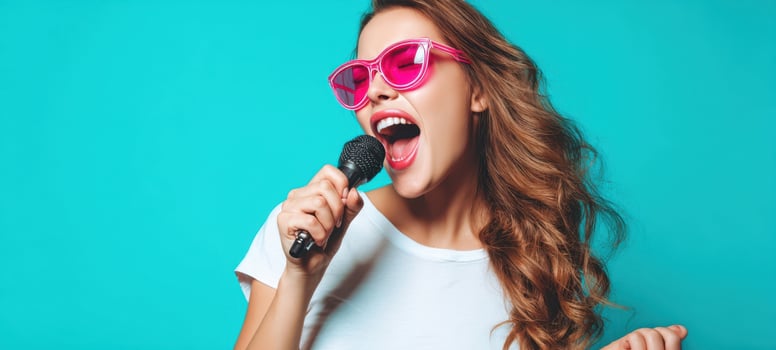 The woman singing passionately with a microphone and stylish sunglasses photo