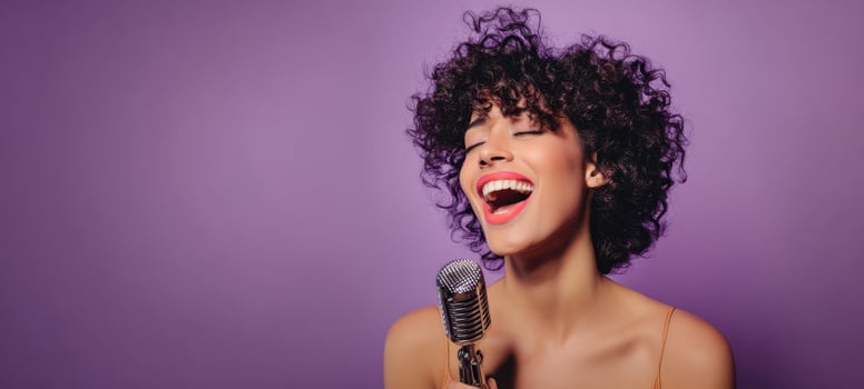 The joyful singer embracing her passion with a vintage microphone. photo
