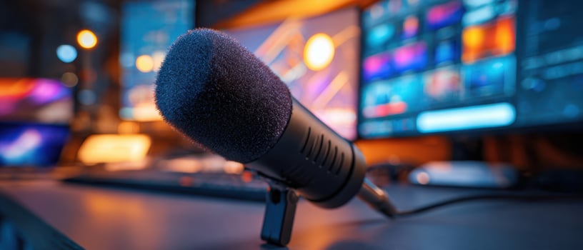 The close-up view of a professional microphone in a modern media studio. photo
