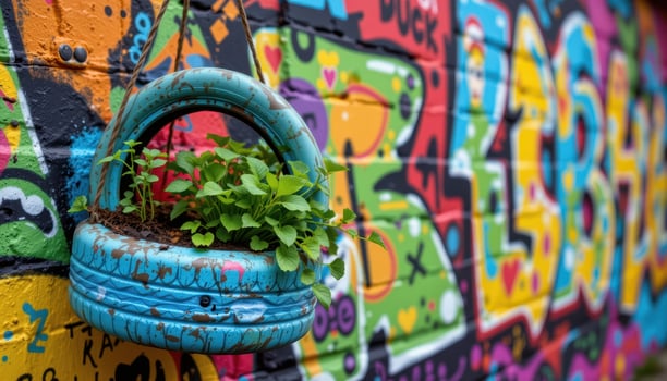 a hanging planter made from repurposed tires, painted bright colors, arranged on a vibrant graffiti wall photo