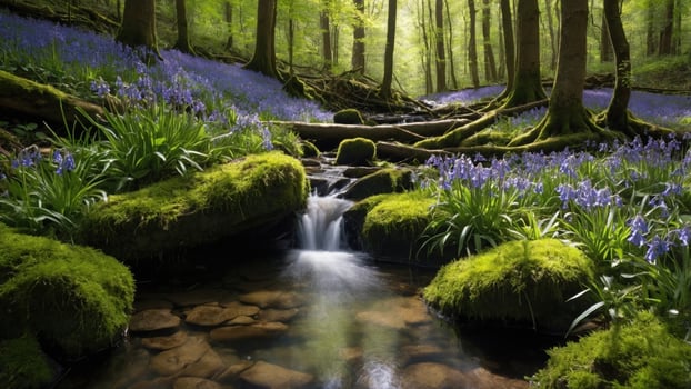 Serene forest landscape with a flowing stream surrounded by vibrant bluebells and lush greenery photo