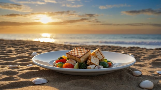 Grilled fish fillet served on a plate with colorful vegetables on a sandy beach at sunset photo