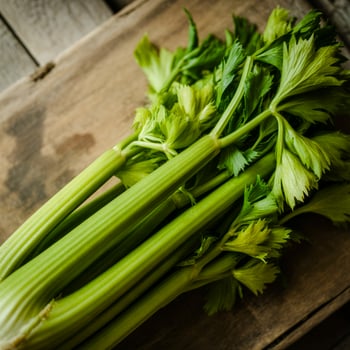 Fresh bunch of green celery stalks on a wooden surface photo