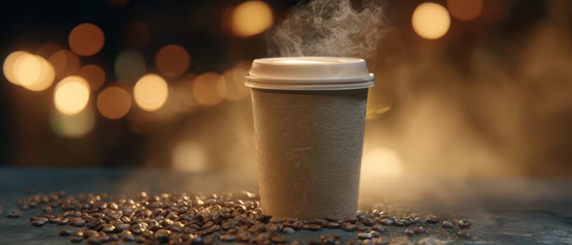 The steaming coffee cup surrounded by roasted beans and warm ambiance. photo