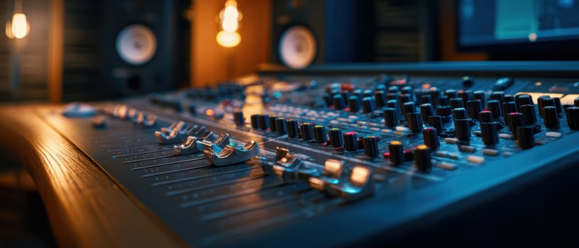 The intricate sound mixing console in a modern recording studio environment. photo
