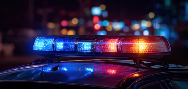 The Police Vehicle with Flashing Lights on a Busy Urban Night photo